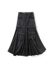 Vintage Baggy Black Denim A-Line Skirt