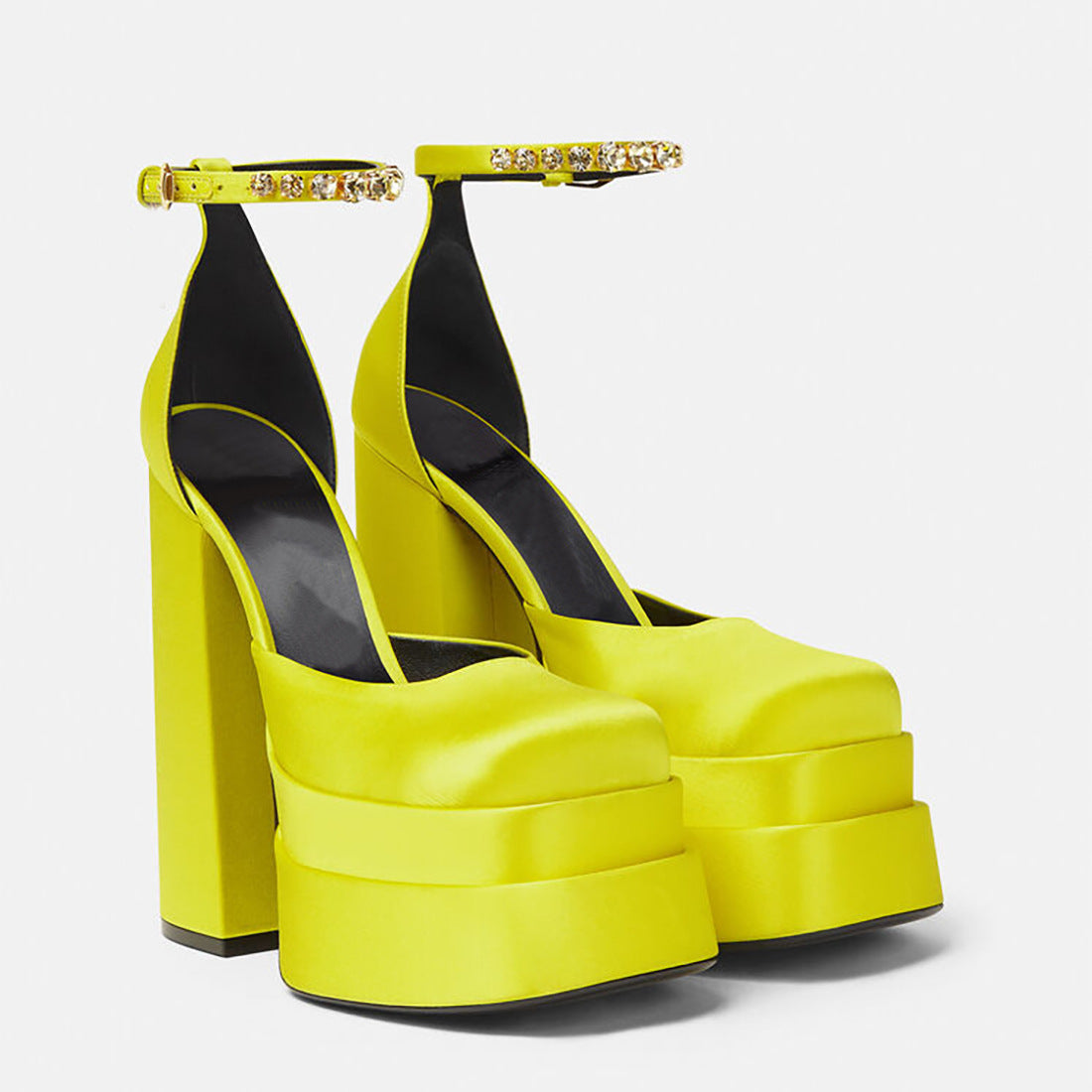 Chunky High Heel Square Toe Satin Sandals