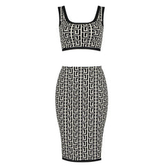 Jacquard Square Neck Crop Top + Skirt Set