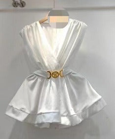 Solid V-Neck Waist Cincher Top