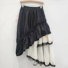 Mesh Patchwork High Elastic Waist Flowers A-Line Skirt