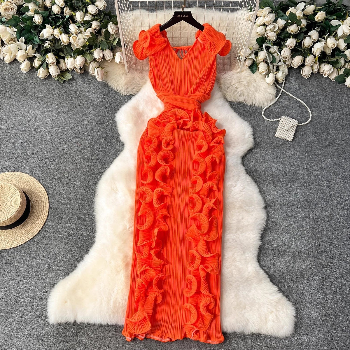 Pleated Ruffle Edge Slim Fit Dress