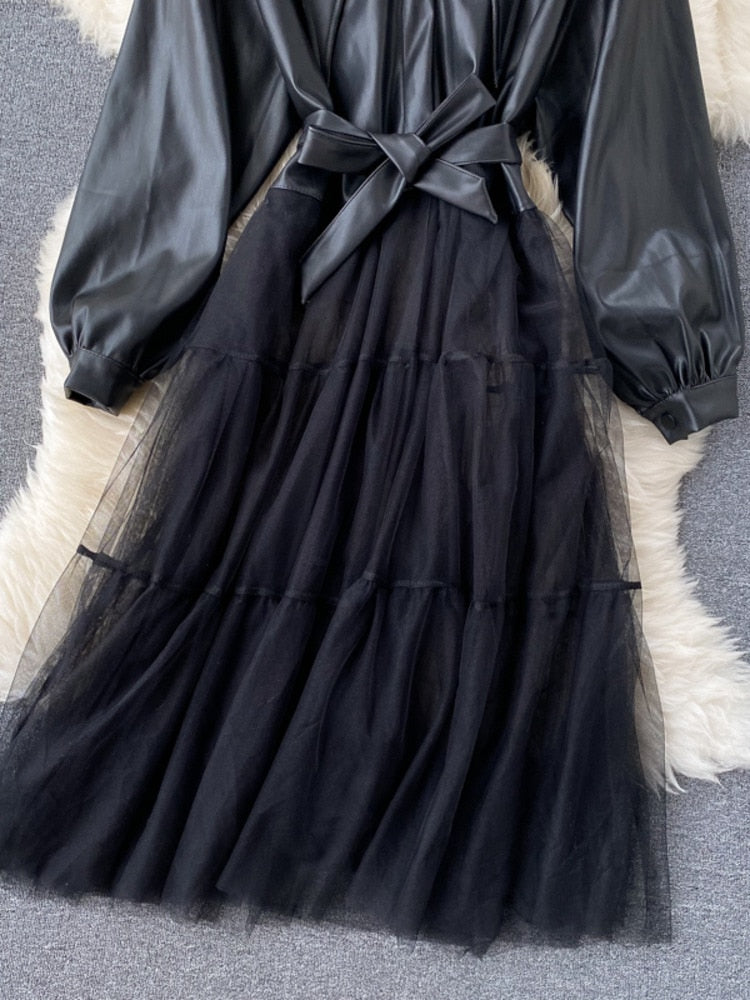 Mesh Stitching PU Jacket Dress
