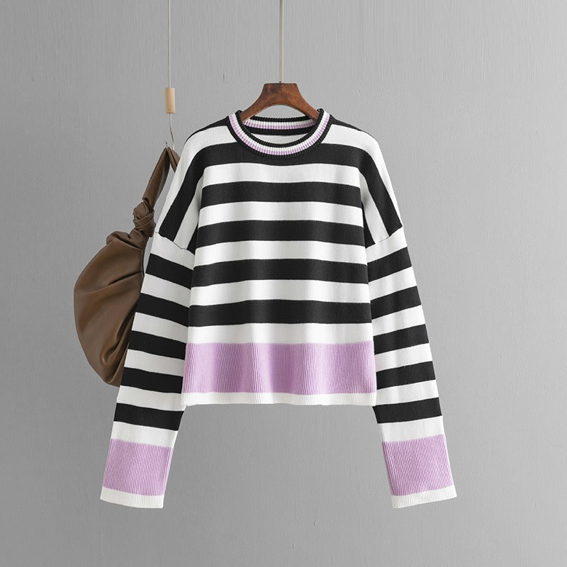 Casual Striped Long Sleeved Round Neck Knitted Sweater