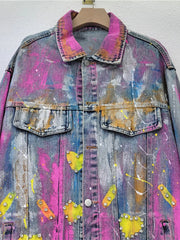 Colorful Heart Shaped Graffiti Hand Drawn Denim Jacket