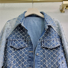 Patchwork Hot Drilling Diamond Retro Washed Denim Jacket