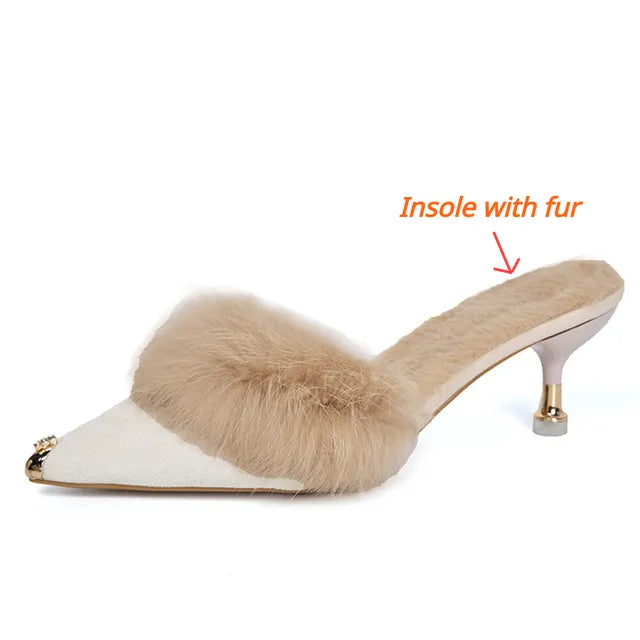 Metal Tip Faux Fur Mules