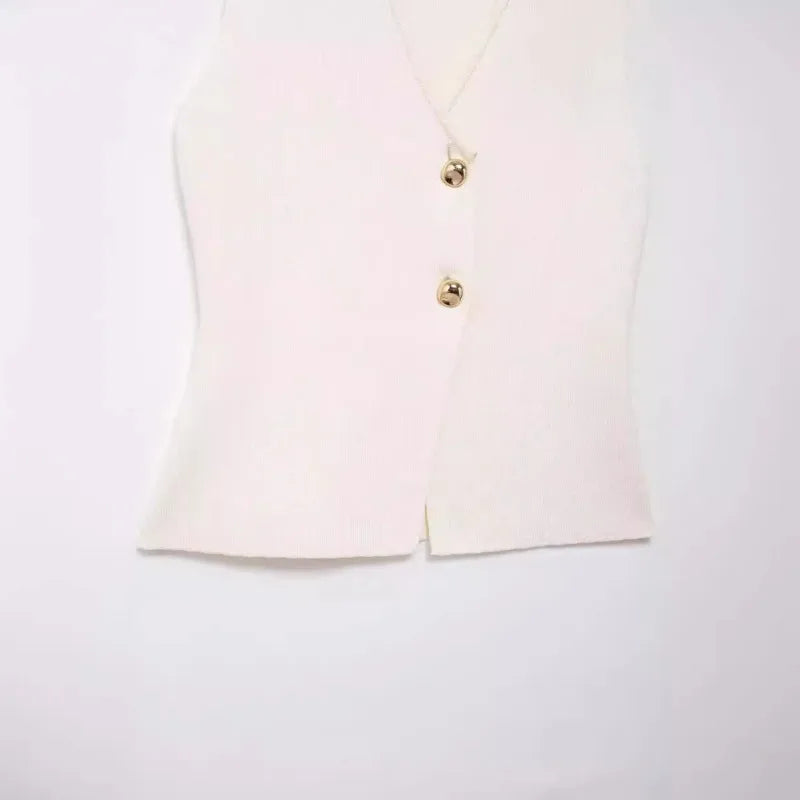 Gold Button Knitted Vest + Pleated Skirt