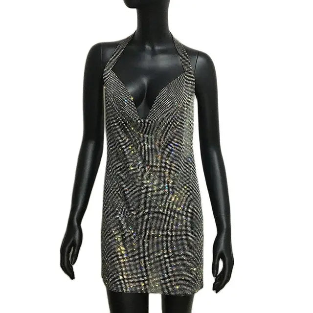 Halter Neck Sexy Backless V Neck Rhinestone Mini Dress