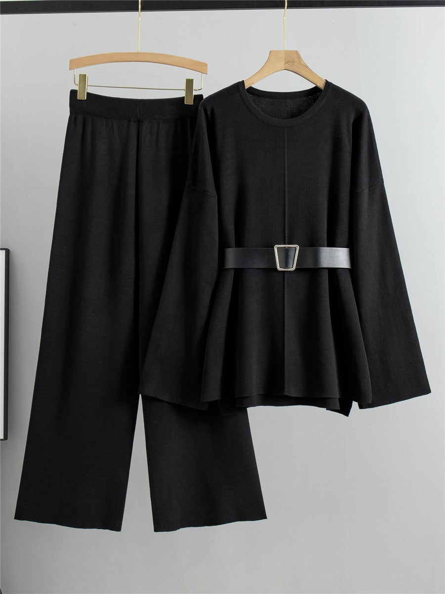 Knitted Loose Belted Sweater + Wide Leg Pants Set