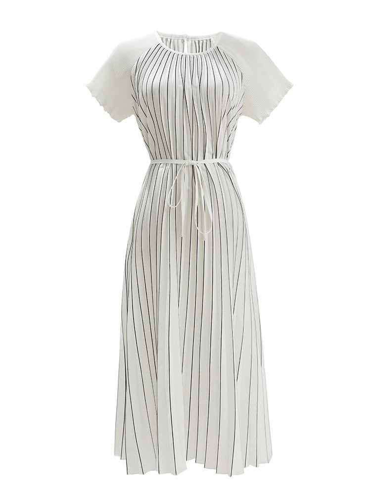 Color Pleated Waist Tie Midi Dress