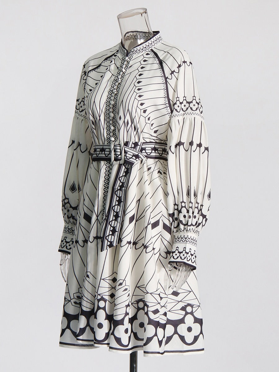 Printed Stand Collar Lantern Sleeve Dress