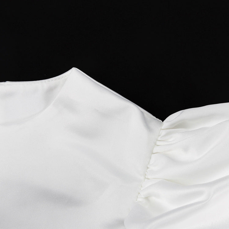 Solid Bubble Sleeve Satin Blouse