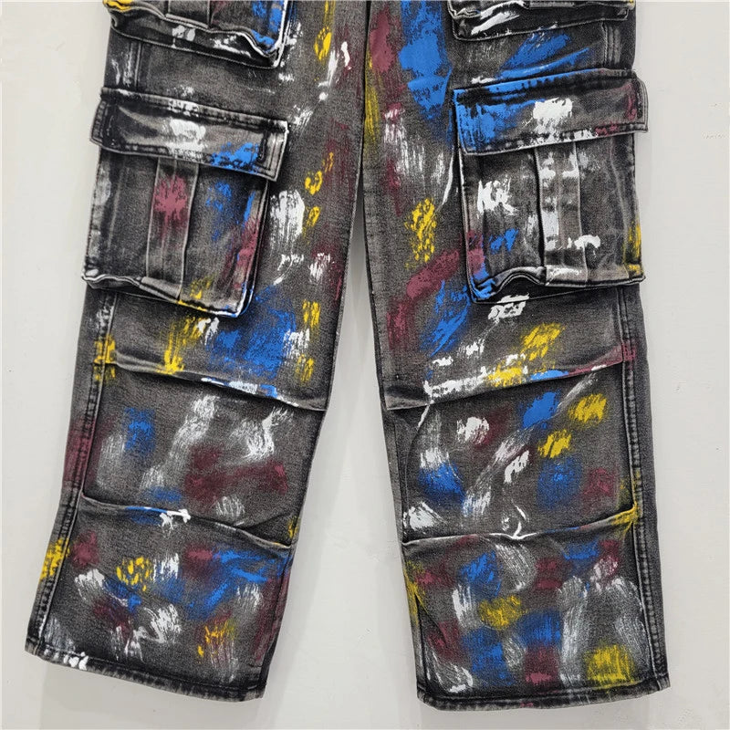 Spray Painted Graffiti Multi Pocket Cargo Jeans