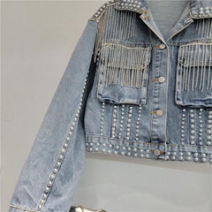 3D Workwear Pocket Rivet Studded Diamond Tassel Denim Jacket