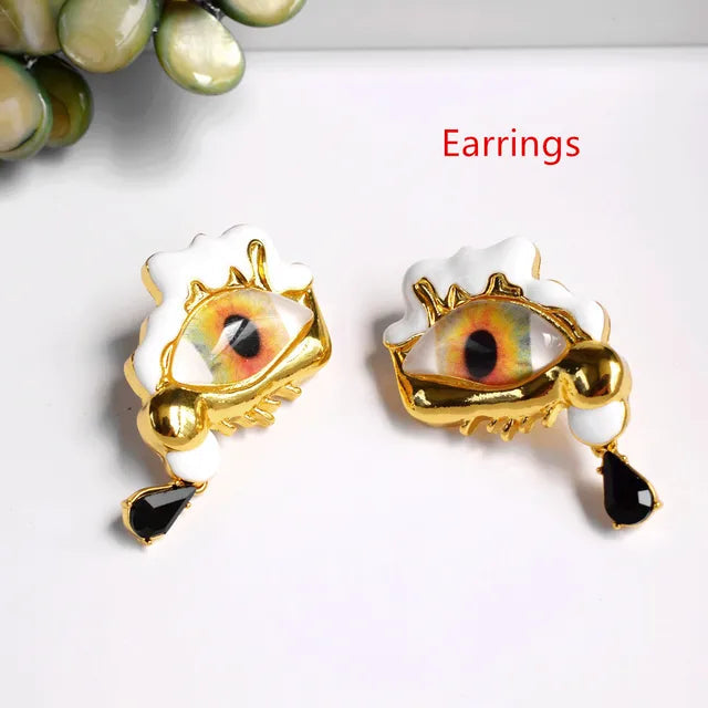 Alloy Resin Eyes Charms Earrings + Ring + Brooch