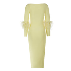 Yellow Long Sleeved Elastic Feather Cuffs Bandage Dress