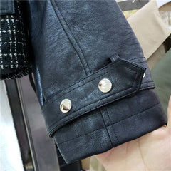 Plaid Spliced Vegan Leather Jacket