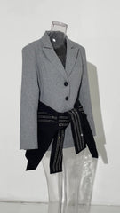 Grey Patchwork Diamond Bandage Single Breasted Blazer