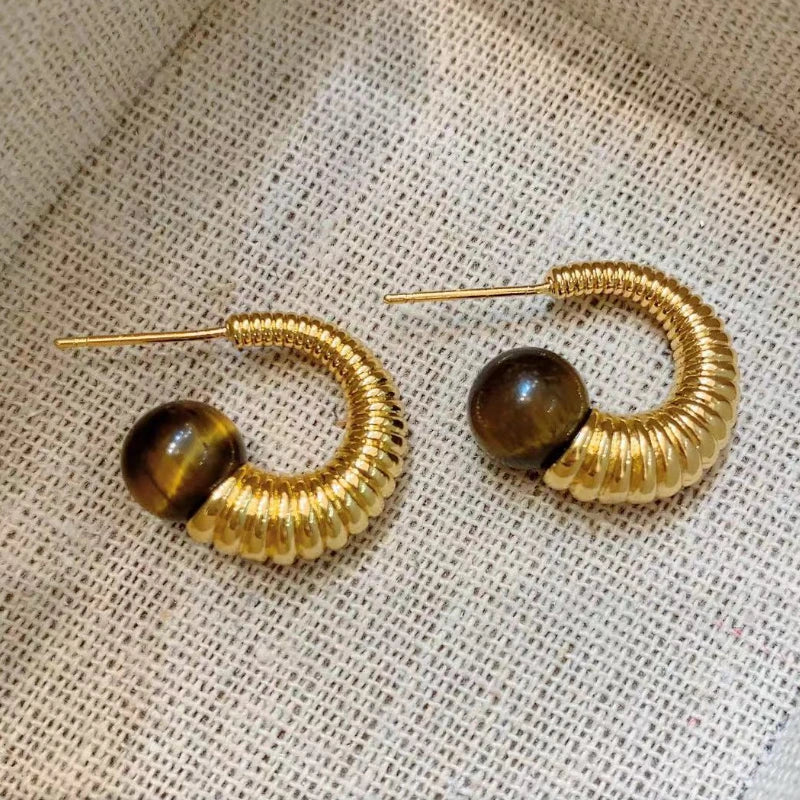 Brown Stone Textured Hook Earrings