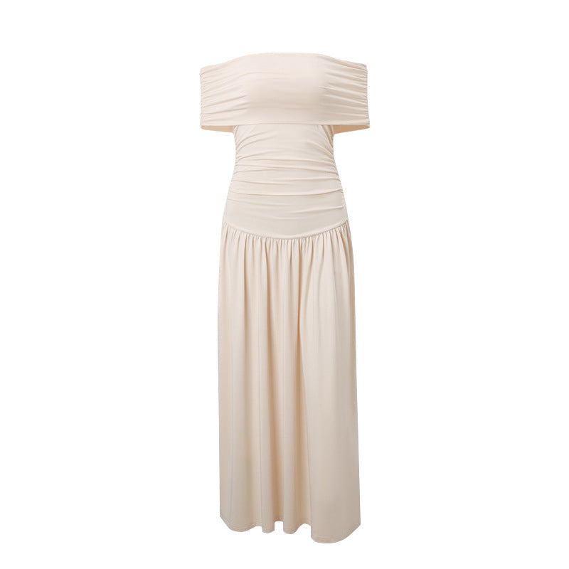 Off Shoulder Slim Fit Pleated Maxi Dress