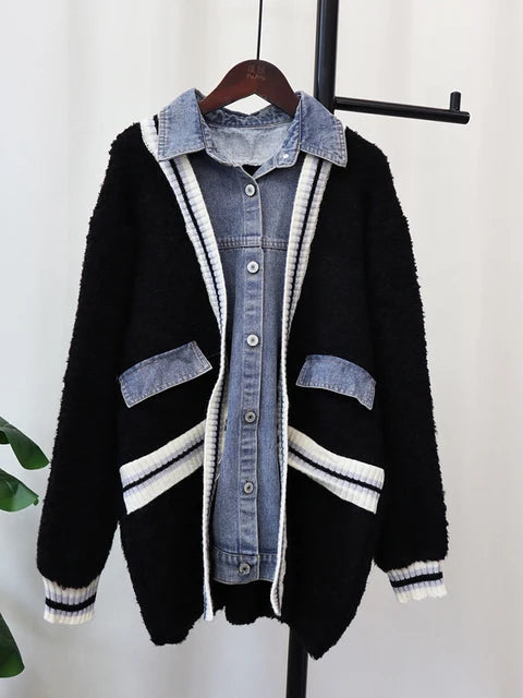 Denim Contrast Color Block Cardigan