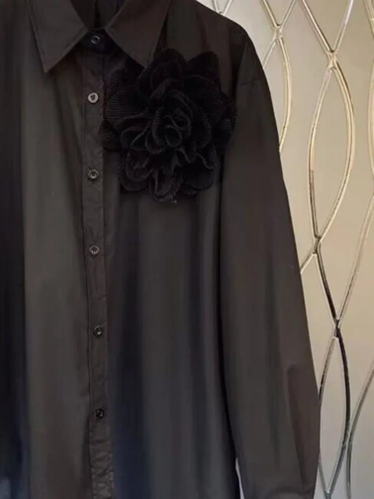Pleated 3D Flower Loose Long Sleeved Shirt