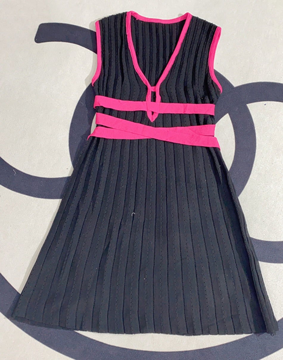 Sleeveless Waist Color Blocking Deep V Camisole Knitted Pleated Dress