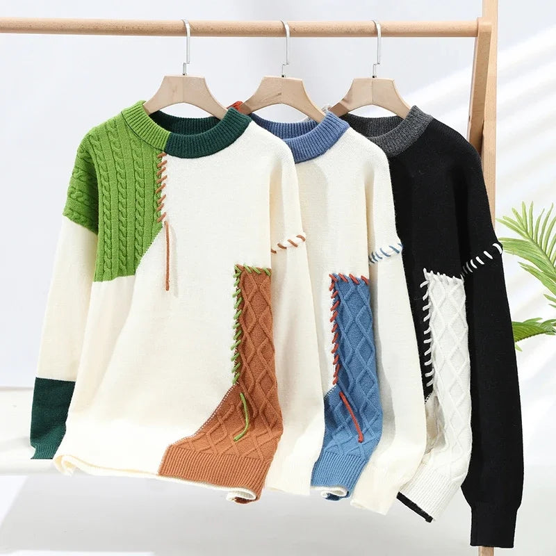 Color Block Round Neck Casual Knitted Sweater