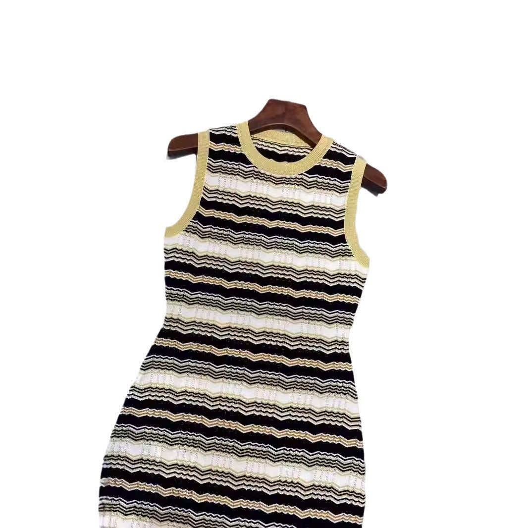 Sleeveless Striped Waist Cinching Jacquard Knitted Dress