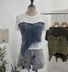 Denim Patchwork Mesh Short Sleeved Irregular T-Shirt