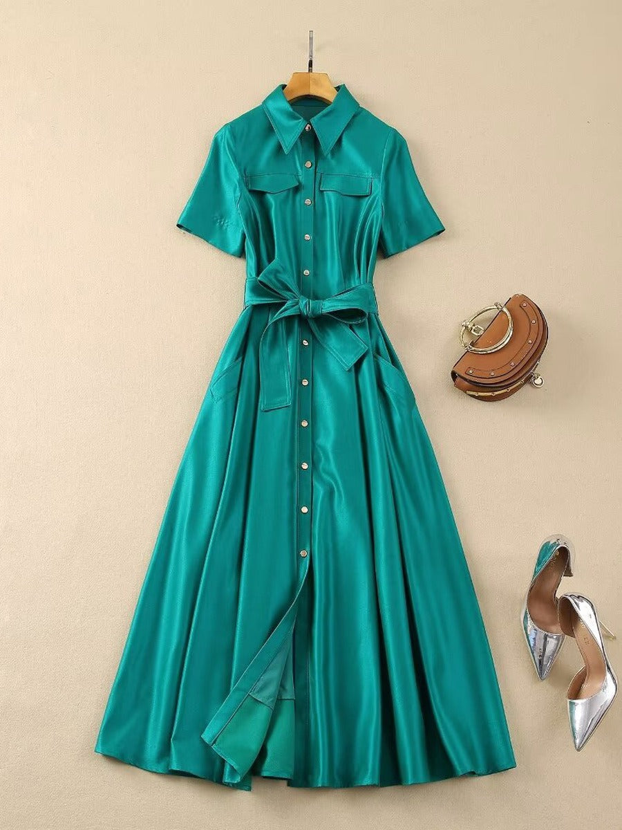 Solid Single-Breasted Belt Mid-Waist Midi Dress