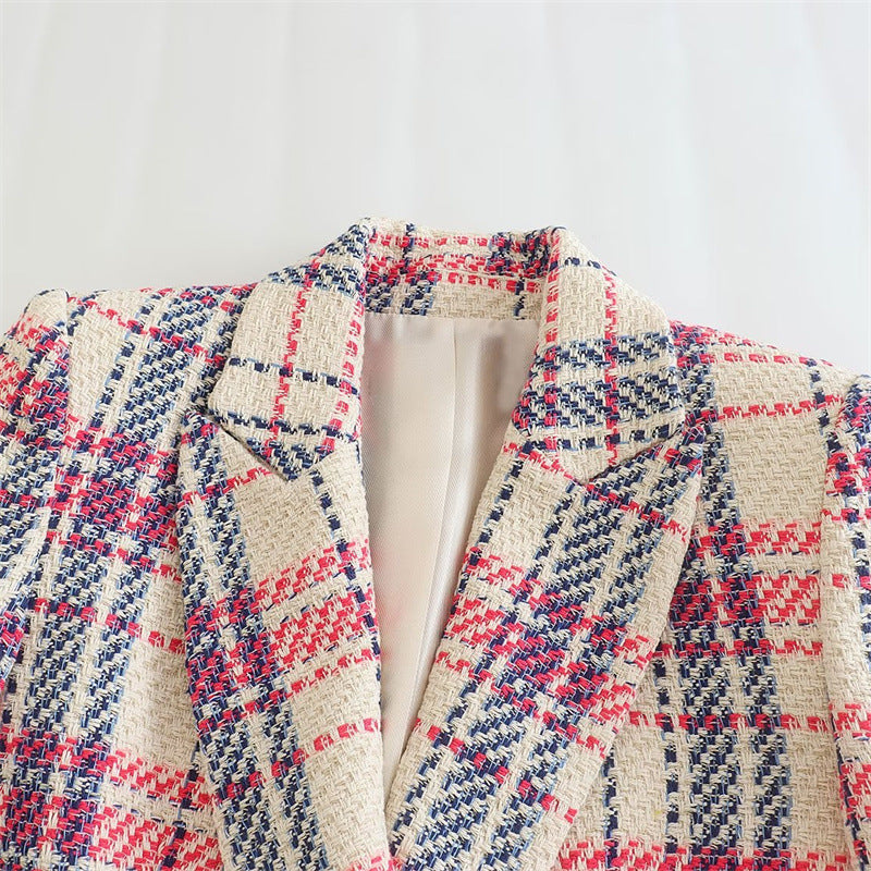 Pink Plaid Cardigan Long Sleeves Blazer