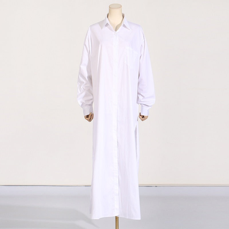 Solid Side Slit Long Sleeved Shirt Dress