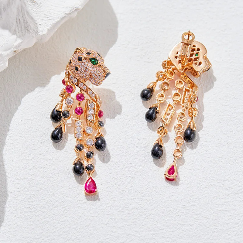 Panther Rhinestone Tassel Dangle Earrings