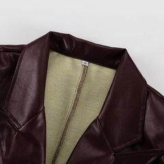 Vintage Burgundy Faux Leather Tie Waist Jacket + Pants Set