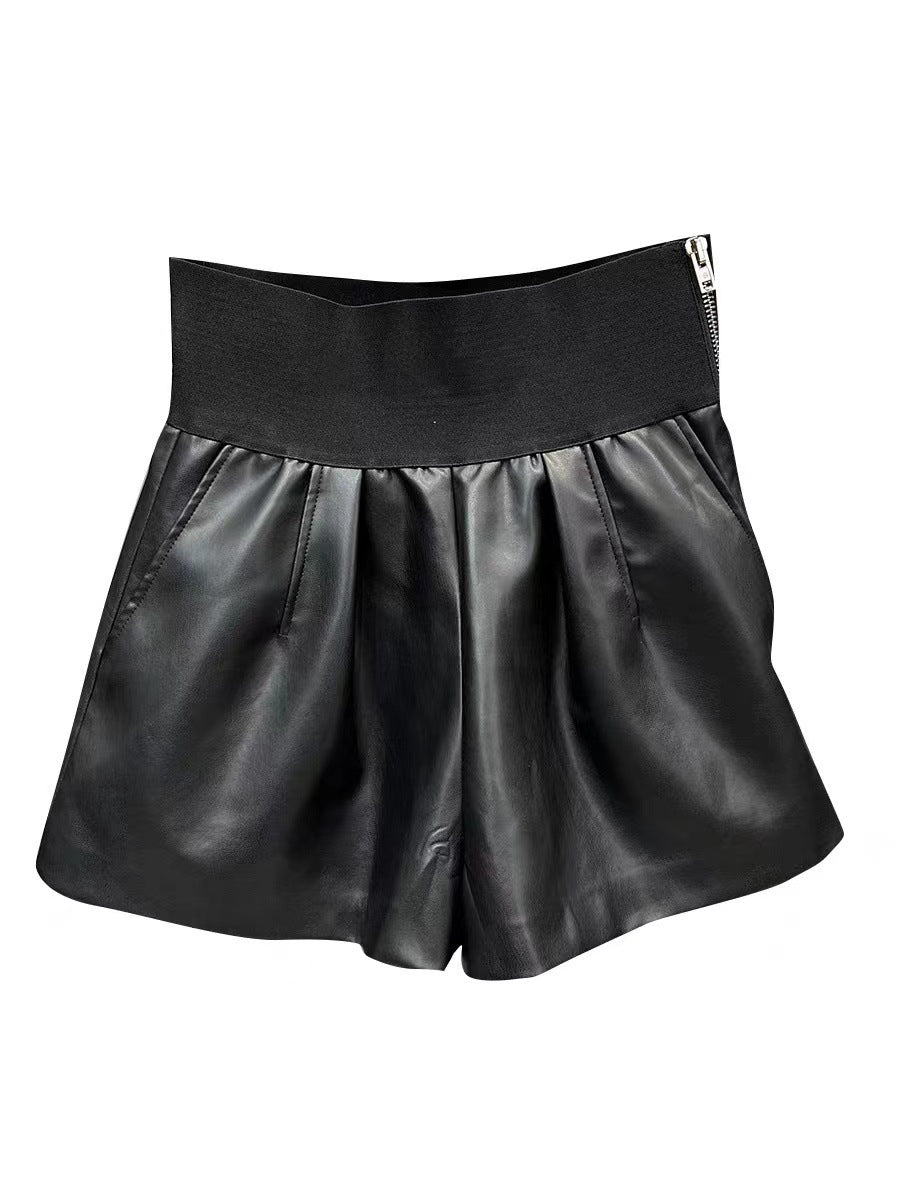 Elastic Wide Leg PU Leather Shorts