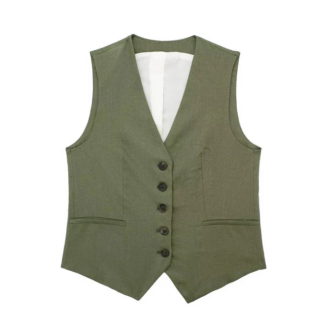 Solid Button Sleeveless Linen Vest + Shorts Set
