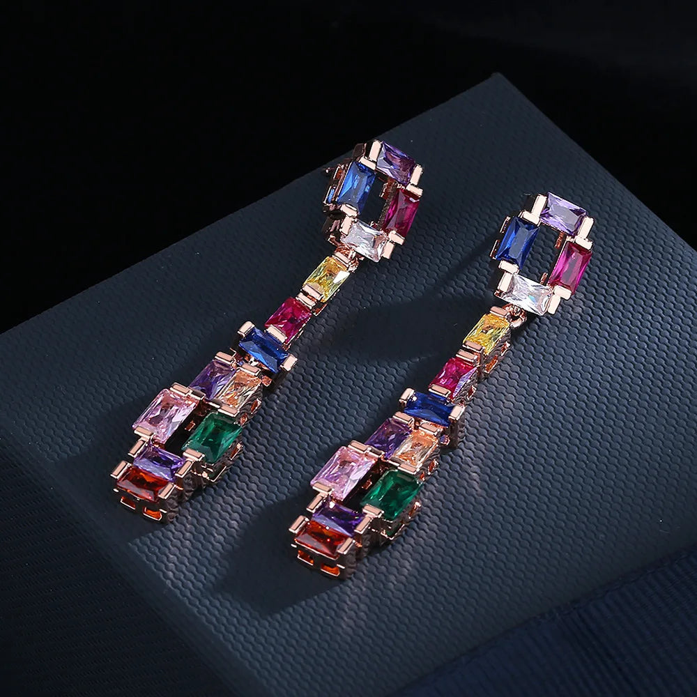 925 Silver Needle Colorful Zircon Stones Long Earrings