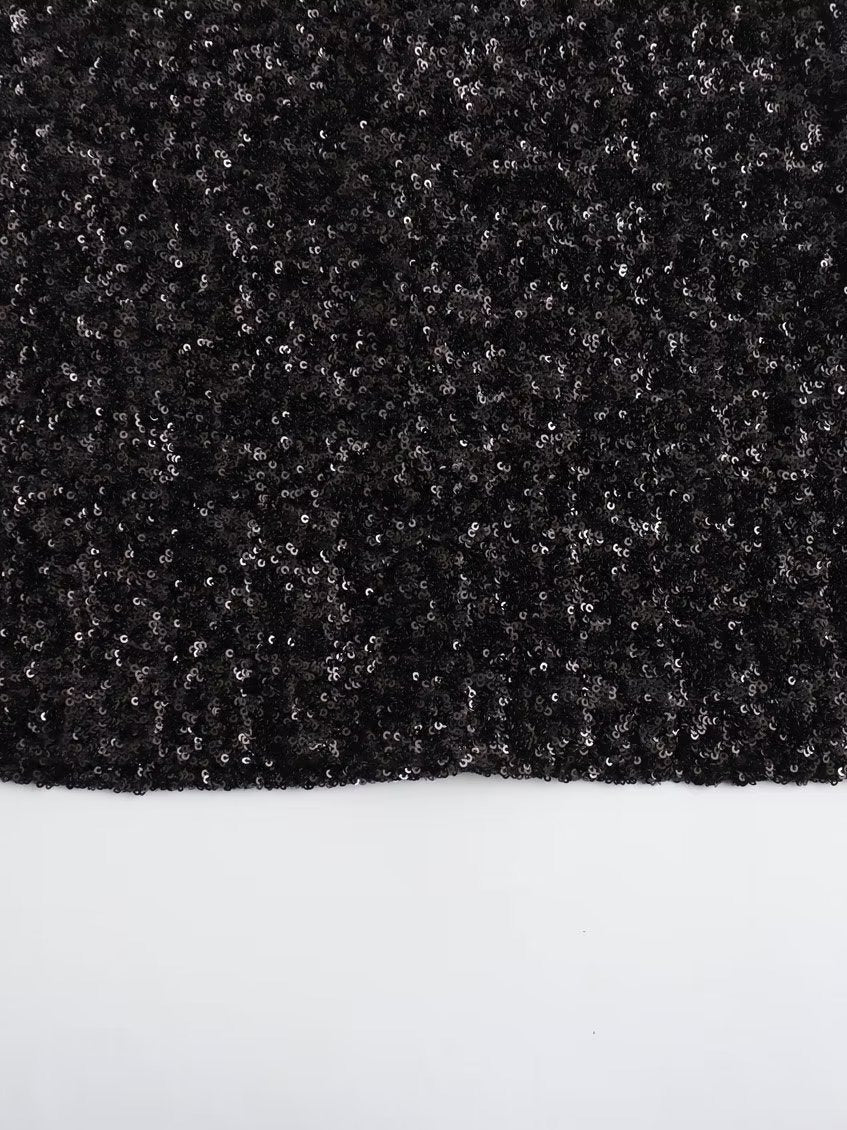 Pre Order:  Black Sequined Padded Shoulder Mini Dress