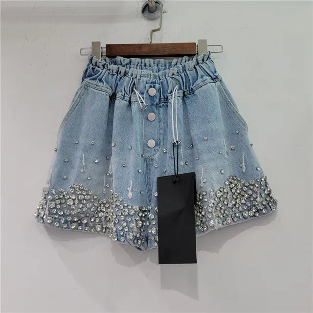 Tassel Bead Inlaid Diamond Wide Leg Denim Shorts