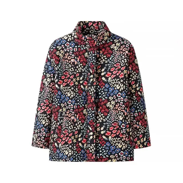 Casual Loose Print Zip Up Quilted Cotton Jacket