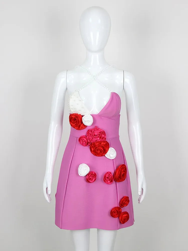 Pearl Strap 3D Flower V Neck High Waist Camisole Dresses