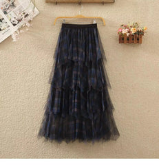 Vintage Plaid Long Tulle A-Line Skirt