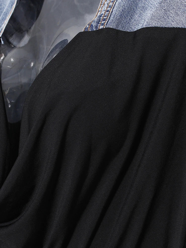 Denim Drawstring Pleated V-Neck Long Sleeve Shirt