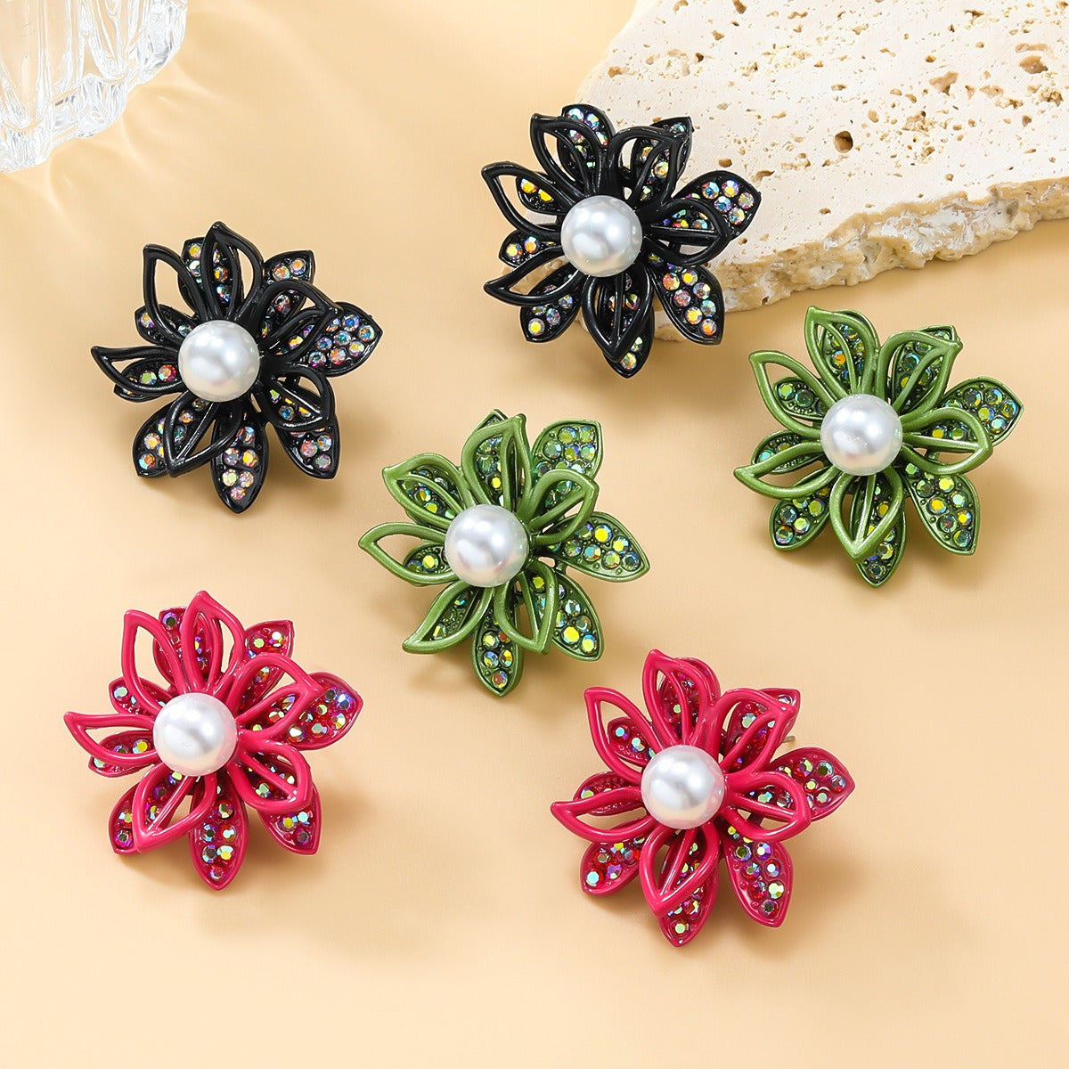 Diamond Inlaid Floral Alloy Earrings