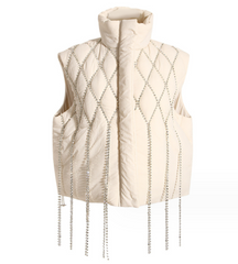 Tasseled Diamond Sleeveless Puffer Jacket