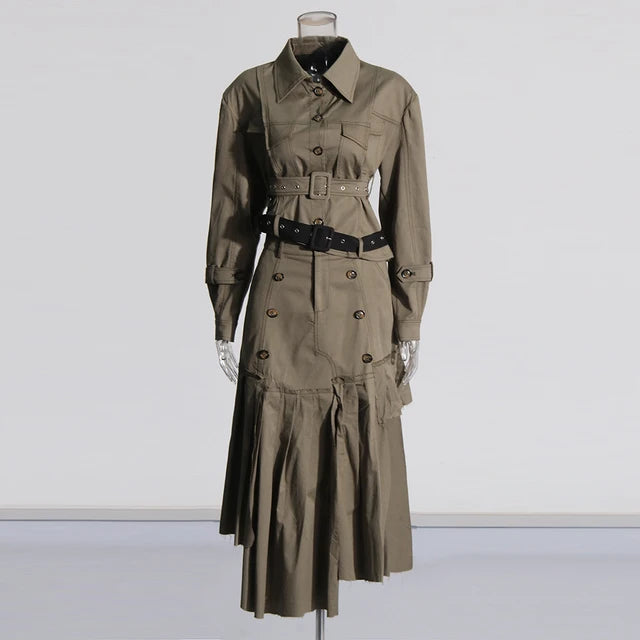 Asymmetrical Double Belt Trench Top + Pleated Skirt Set