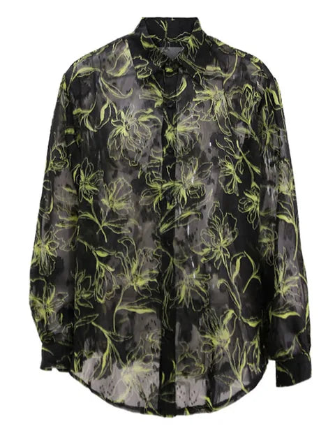 Sheer Floral Print Long Sleeve Shirt