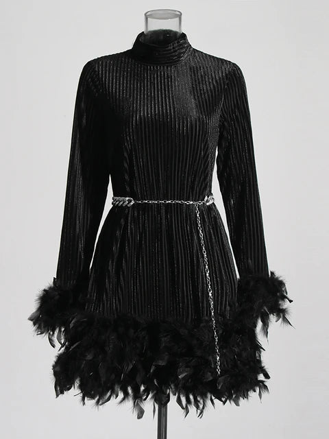 Solid Patchwork Feather Long Sleeve High Waist Dress